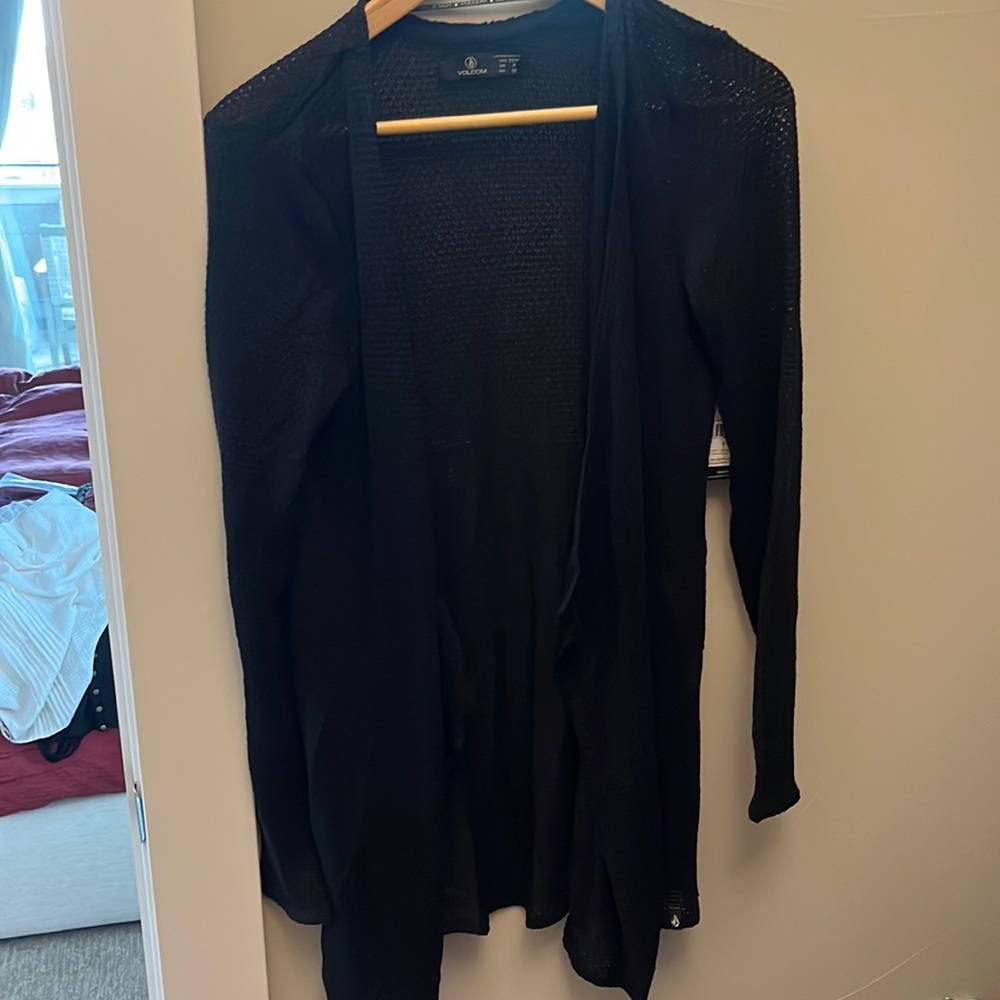 Volcom black cardigan waffle mesh.
